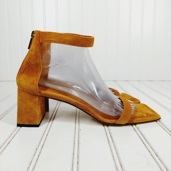 NEW Good American Amber Brown Suede Back Zip Square Toe Block Heel Sandals I417 - Picture 5 of 11